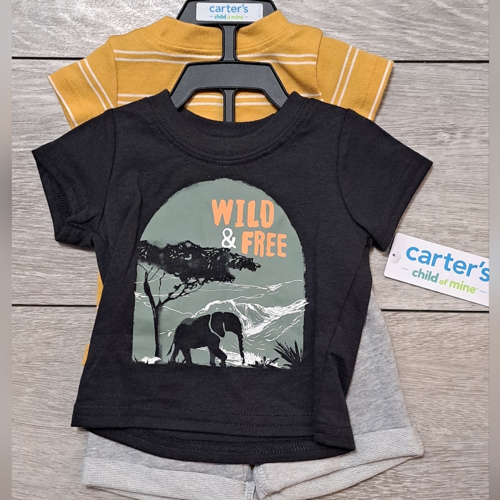 Brand New Carter's Infant 3 Piece "WILD & FREE"  Black and Yellow Elephant Set